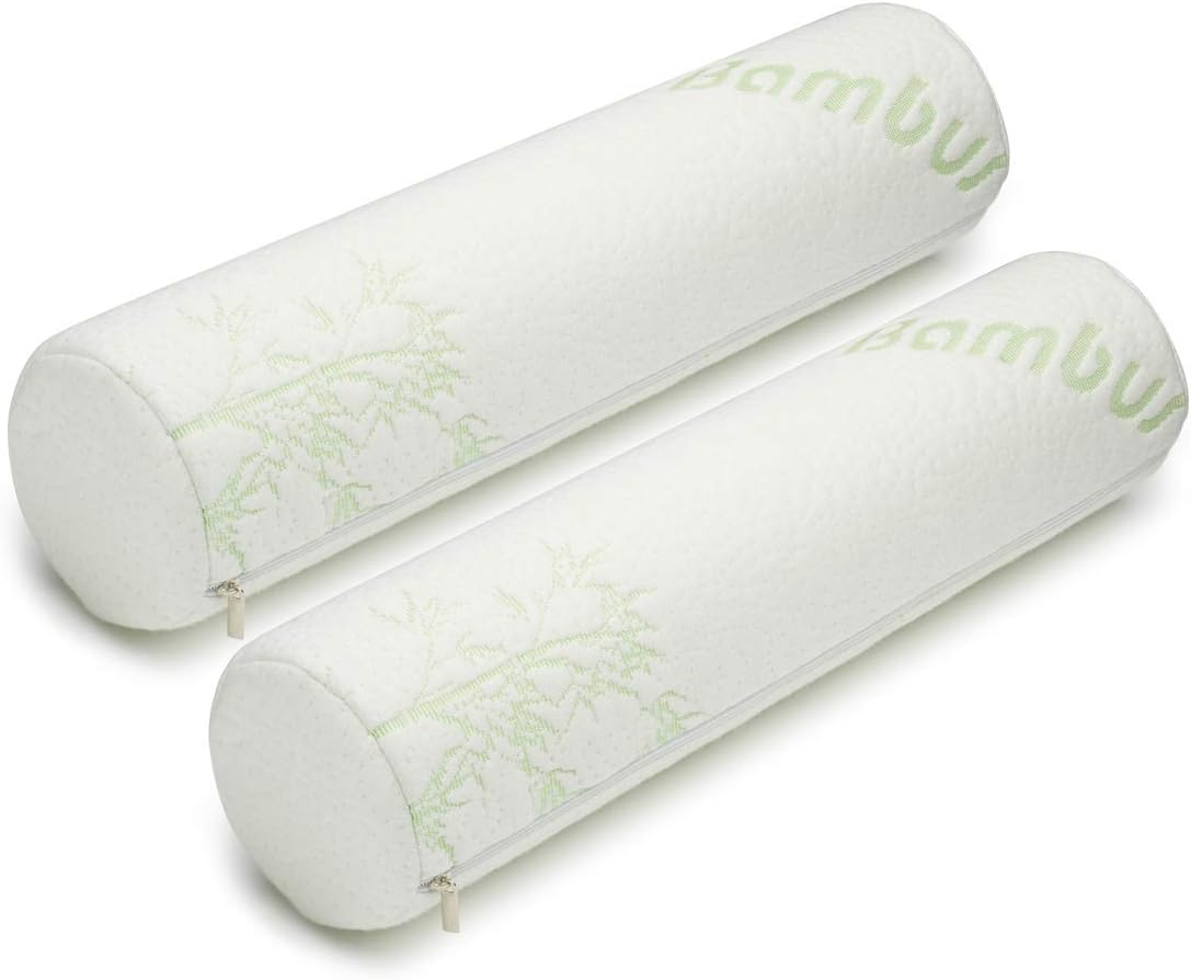 AllSett Health 2 Pack Bamboo Cervical Neck Roll Memory Foam Pillow, Round Neck, Support for Sleeping | Bolster Pillow for Bed, Legs, Back And Yoga | 4 Inch Diameter x 17 Inches long