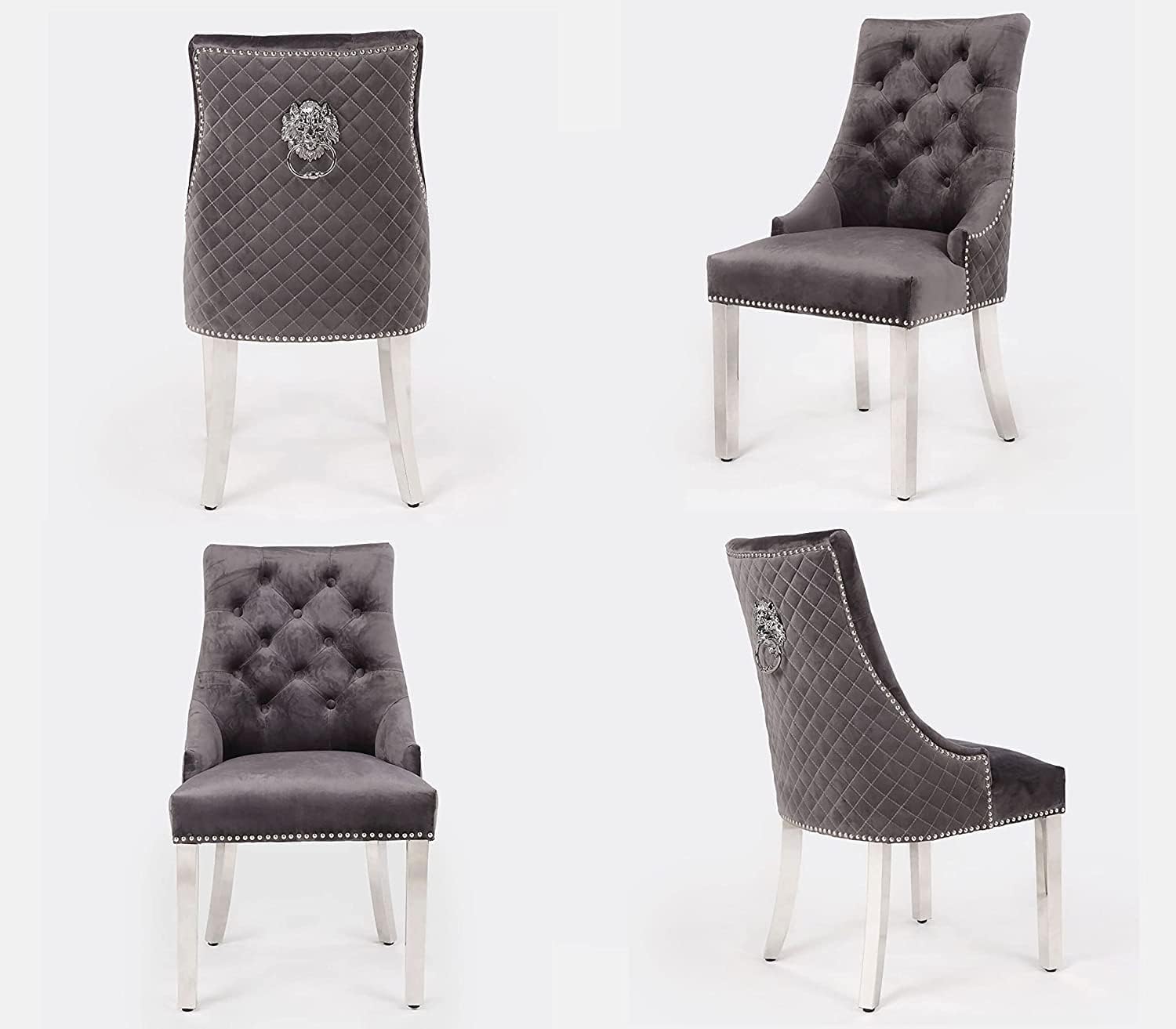 Becky Cameron Dining Chairs Set Of 2 Majestic Dining Chair Luxury Plush Velvet Lion Head Knocker Leisure Chairs (Grey)