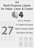 A4 FBA Labels 27 per Page; Pack Suitable for FBA Product Self Adhesive Barcode Labels. for Inkjet or Laser. (27 per Sheet / 100 Sheets)