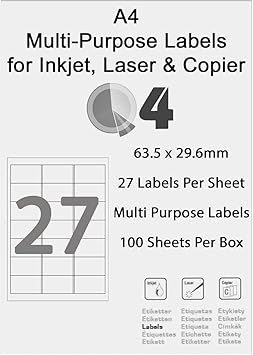 A4 FBA Labels 27 per Page; Pack Suitable for FBA Product Self Adhesive Barcode Labels. for Inkjet or Laser. (27 per Sheet / 100 Sheets)