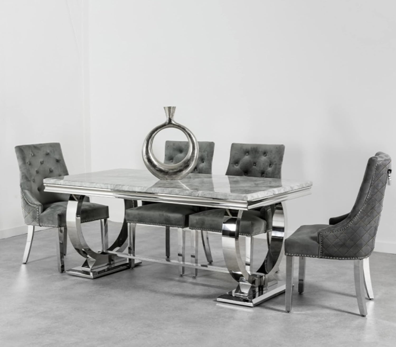 Becky Cameron furniture 1.8m Grey Marble Mirrored Dining Table and 6 Lion Head Chairs Set