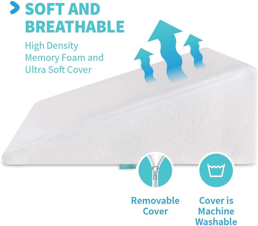 Bed Wedge Pillow Gel Memory Foam Top - Cooling Elevated Support Cushion for Lower Back Pain, Acid Reflux, Heartburn, Allergies, Snoring - Ultra Soft Breathable Cover (10 Inch Wedge)