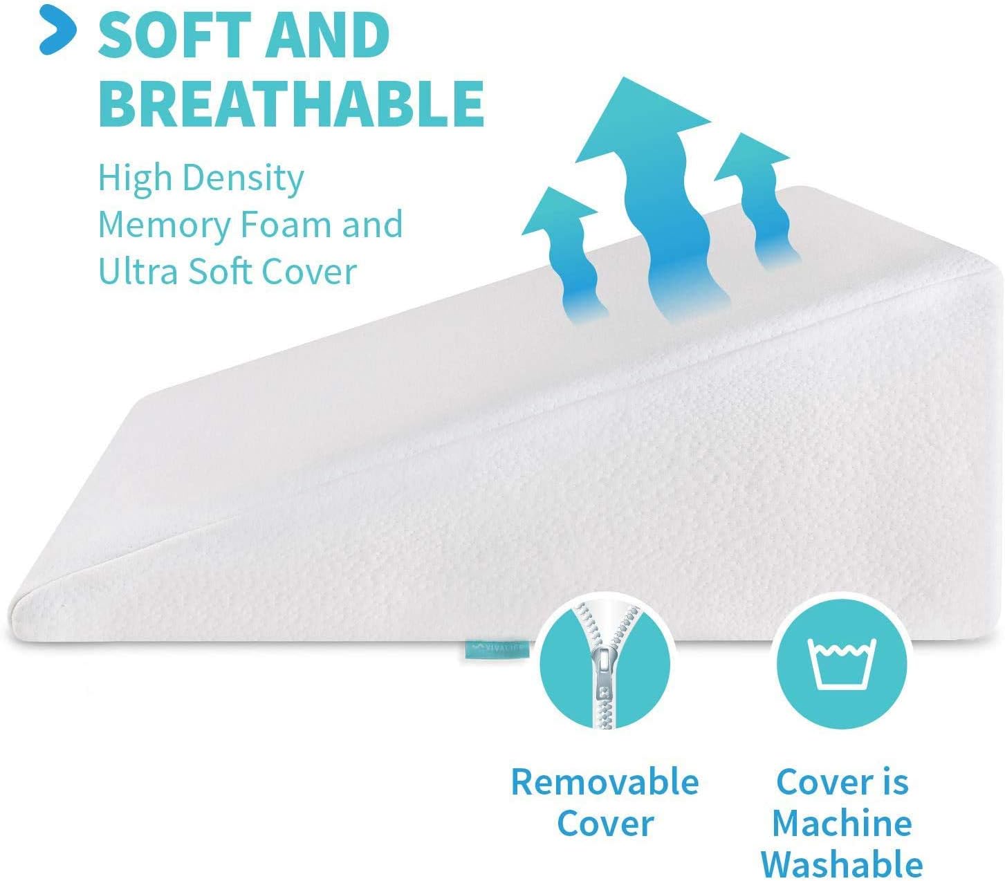 Bed Wedge Pillow Gel Memory Foam Top - Cooling Elevated Support Cushion for Lower Back Pain, Acid Reflux, Heartburn, Allergies, Snoring - Ultra Soft Breathable Cover (10 Inch Wedge)
