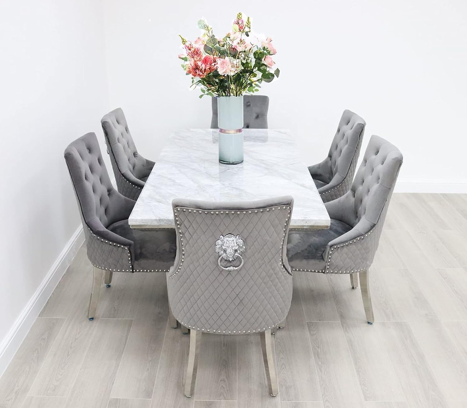 Becky Cameron furniture 1.8m Grey Marble Mirrored Dining Table and 6 Lion Head Chairs Set