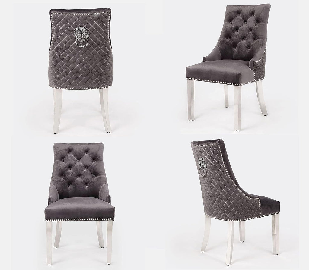 Becky Cameron furniture 1.8m Grey Marble Mirrored Dining Table and 6 Lion Head Chairs Set