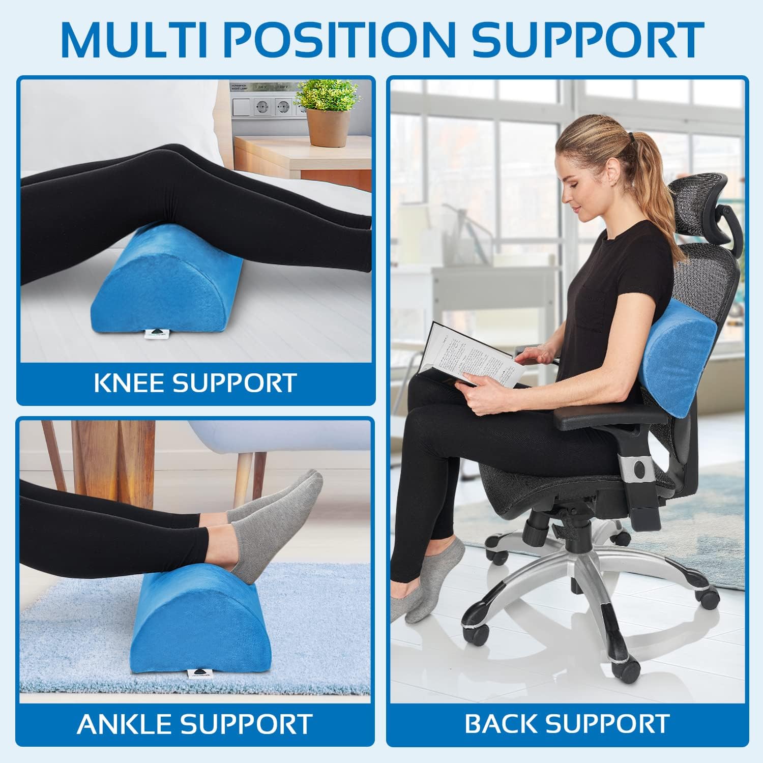 Lumbar Support Pillow for Sleeping - Large Half-Moon Bolster Pillow for Legs, Knees, Lower Back, Ankles & Feet - Machine Washable Cover, Semi-Roll Knee Pillow for Back Sleepers & Head Support (Navy)