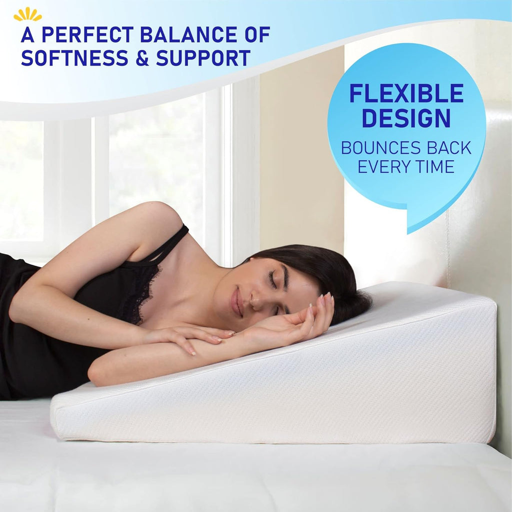Bed Wedge Pillow Cooling Memory Foam Top – 8" 24" 24" Elevated Support Cushion, Triangle Wedge Pillow for Sleeping, Lower Back Pain, Acid Reflux, Heartburn, Allergies, Snoring – Removable Cover