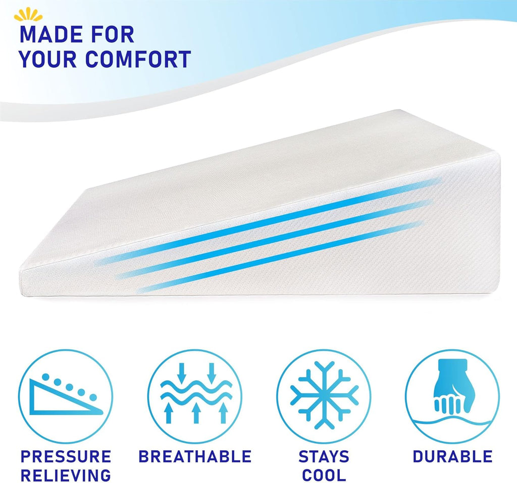 Bed Wedge Pillow Cooling Memory Foam Top – 8" 24" 24" Elevated Support Cushion, Triangle Wedge Pillow for Sleeping, Lower Back Pain, Acid Reflux, Heartburn, Allergies, Snoring – Removable Cover