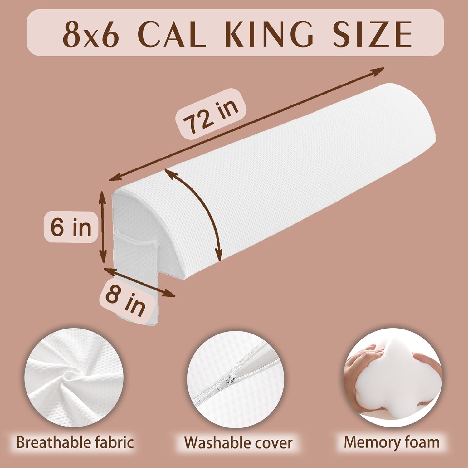 jakoola Bed Wedge Pillow for Headboard Gap Bed Mattress Gap Filler Memory Foam Bed Crack Headboard Pillow Stopper to Close The Gap Between Headboard Wall and Mattress Space Filler Cal King (8x6x72in)