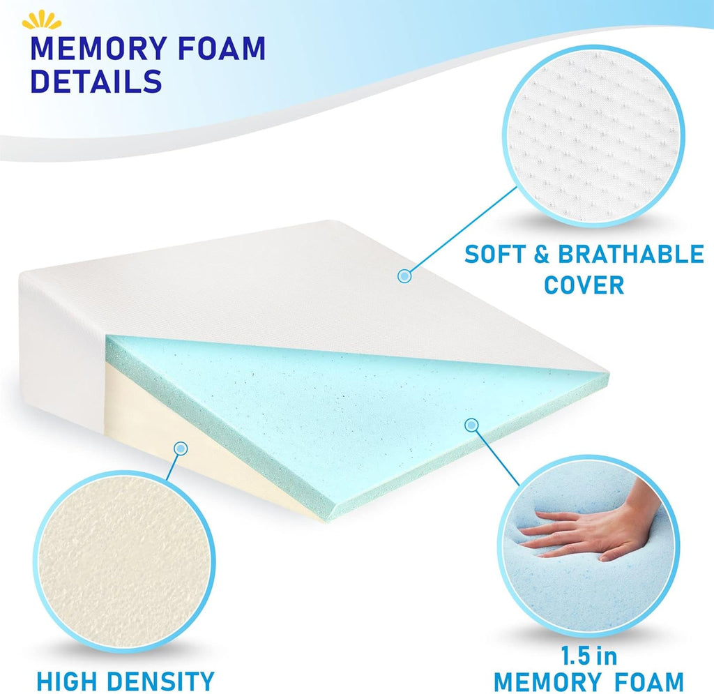 Bed Wedge Pillow Cooling Memory Foam Top – 8" 24" 24" Elevated Support Cushion, Triangle Wedge Pillow for Sleeping, Lower Back Pain, Acid Reflux, Heartburn, Allergies, Snoring – Removable Cover