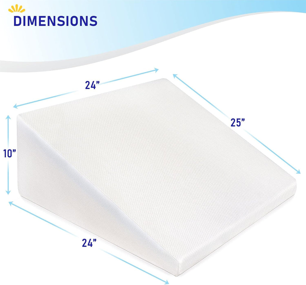 Bed Wedge Pillow Cooling Memory Foam Top – 10" 24" 24" Elevated Support Cushion, Triangle Wedge Pillow for Sleeping, Lower Back Pain, Acid Reflux, Heartburn, Allergies, Snoring – Removable Cover