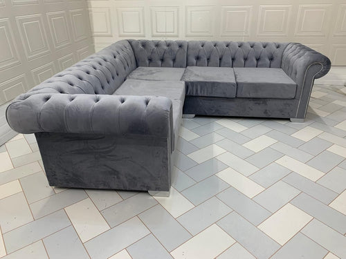 Adam Icon Chesterfield style Grey corner sofa fabric Set 3+2 Seater For Living Room with Solid Wooden