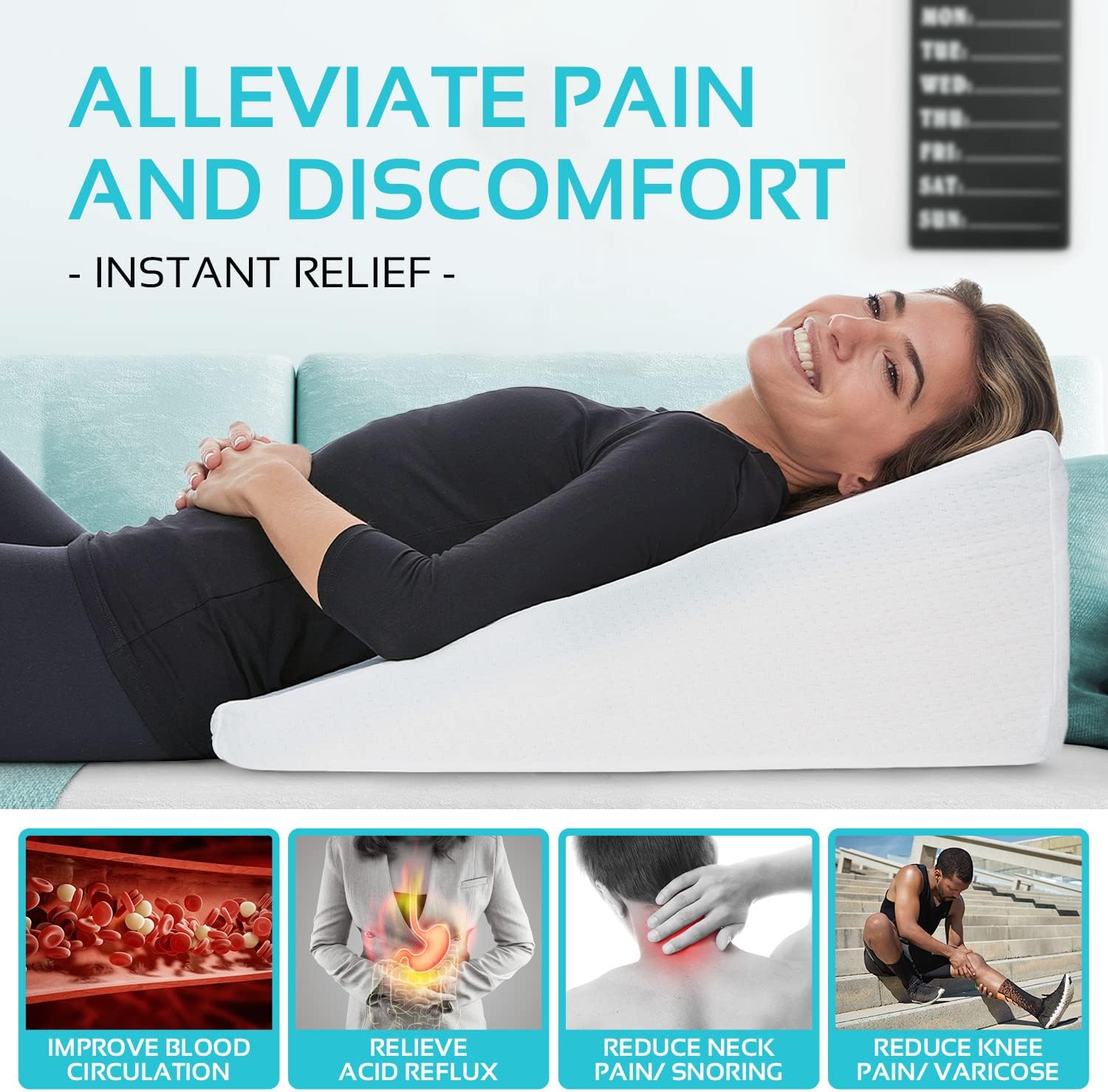 Wedge Pillow - 8 Inch Bed Wedge Pillow - 24 Inch Wide Incline Support Cushion for Lower Back Pain, Pregnancy, Acid Reflux, GERD, Heartburn, Allergies, Anti Snore – Soft Removable Cover