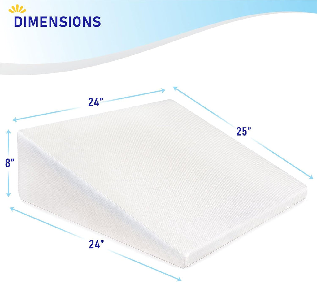 Bed Wedge Pillow Cooling Memory Foam Top – 8" 24" 24" Elevated Support Cushion, Triangle Wedge Pillow for Sleeping, Lower Back Pain, Acid Reflux, Heartburn, Allergies, Snoring – Removable Cover