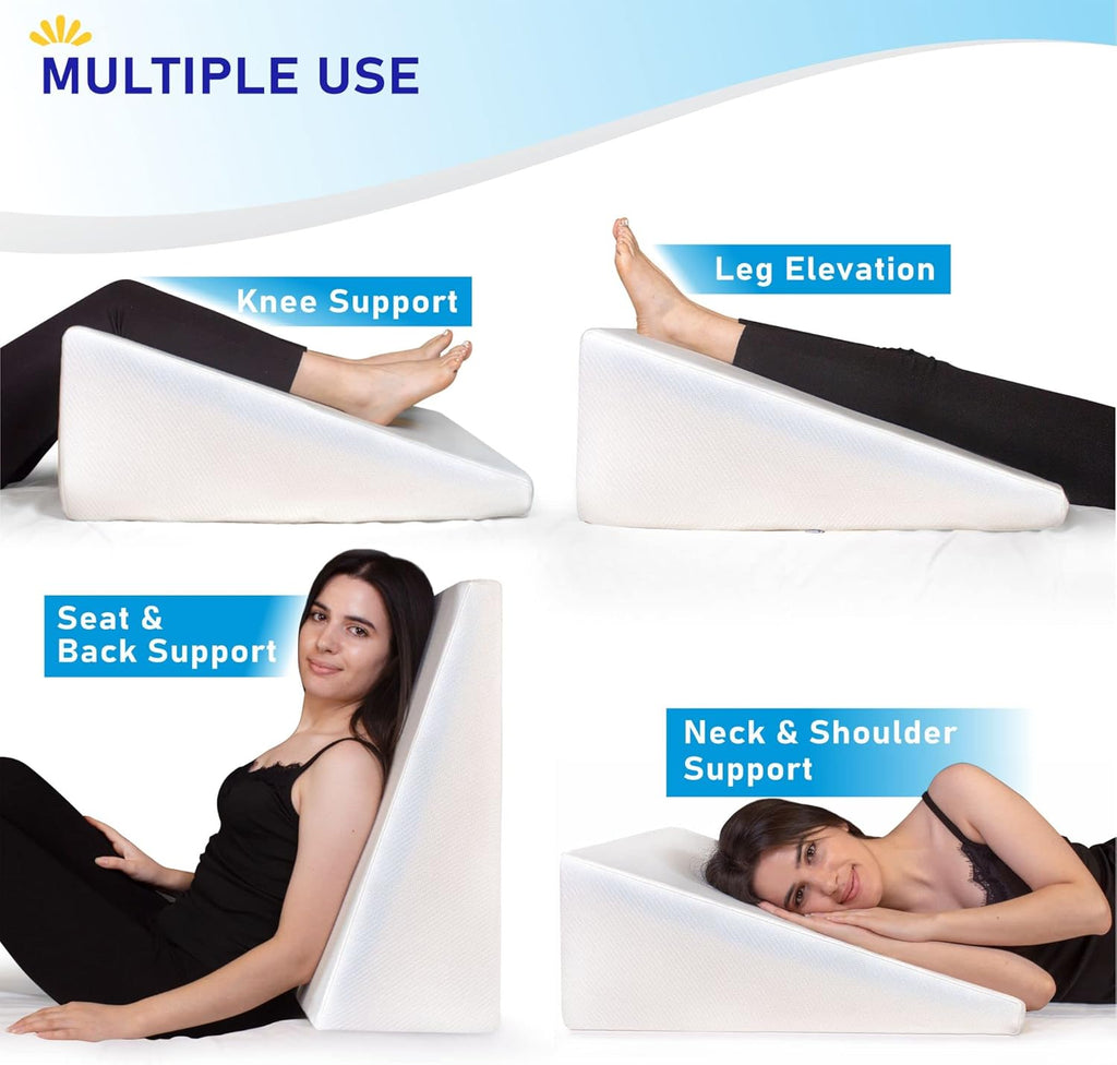 Bed Wedge Pillow Cooling Memory Foam Top – 10" 24" 24" Elevated Support Cushion, Triangle Wedge Pillow for Sleeping, Lower Back Pain, Acid Reflux, Heartburn, Allergies, Snoring – Removable Cover