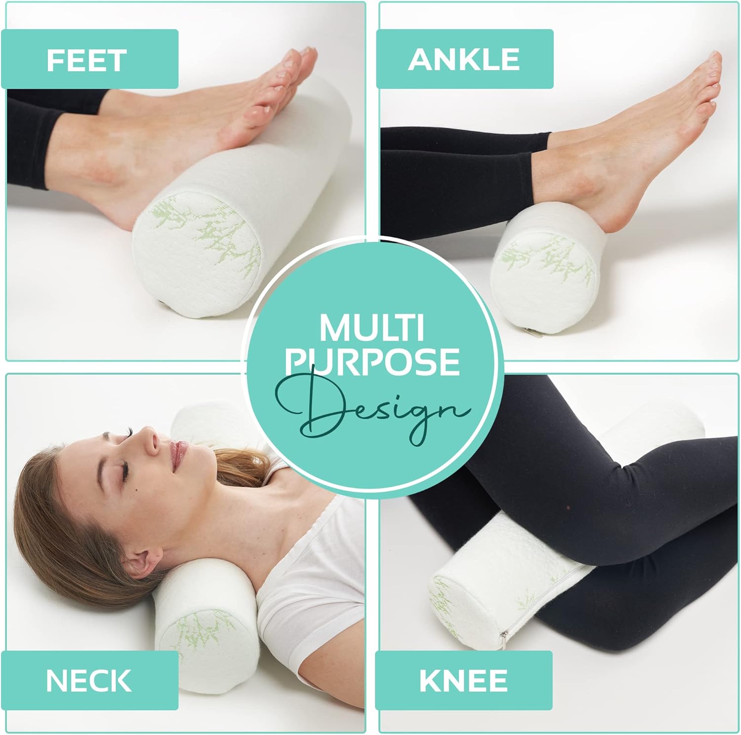 AllSett Health 2 Pack Bamboo Cervical Neck Roll Memory Foam Pillow, Round Neck, Support for Sleeping | Bolster Pillow for Bed, Legs, Back And Yoga | 4 Inch Diameter x 17 Inches long