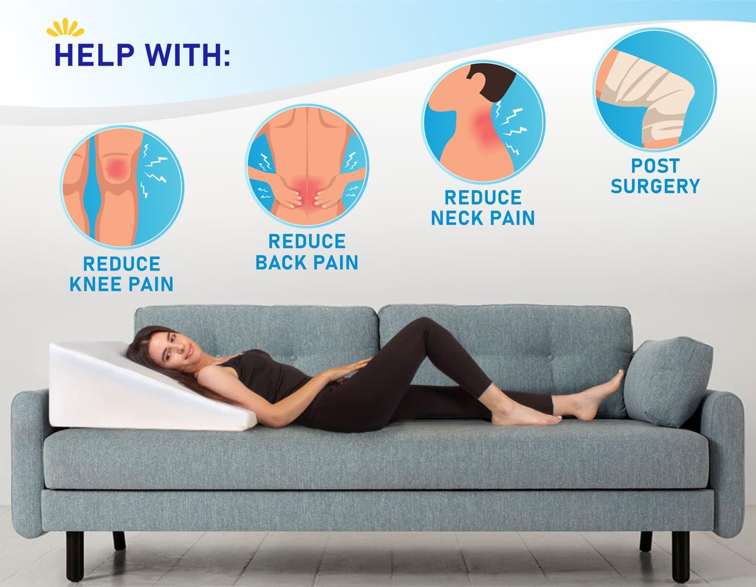 Bed Wedge Pillow Cooling Memory Foam Top – 10" 24" 24" Elevated Support Cushion, Triangle Wedge Pillow for Sleeping, Lower Back Pain, Acid Reflux, Heartburn, Allergies, Snoring – Removable Cover
