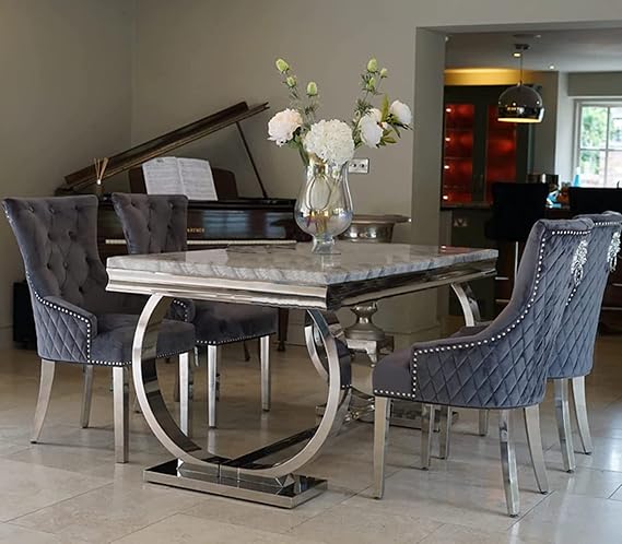 Becky Cameron furniture 1.8m Grey Marble Mirrored Dining Table and 6 Lion Head Chairs Set