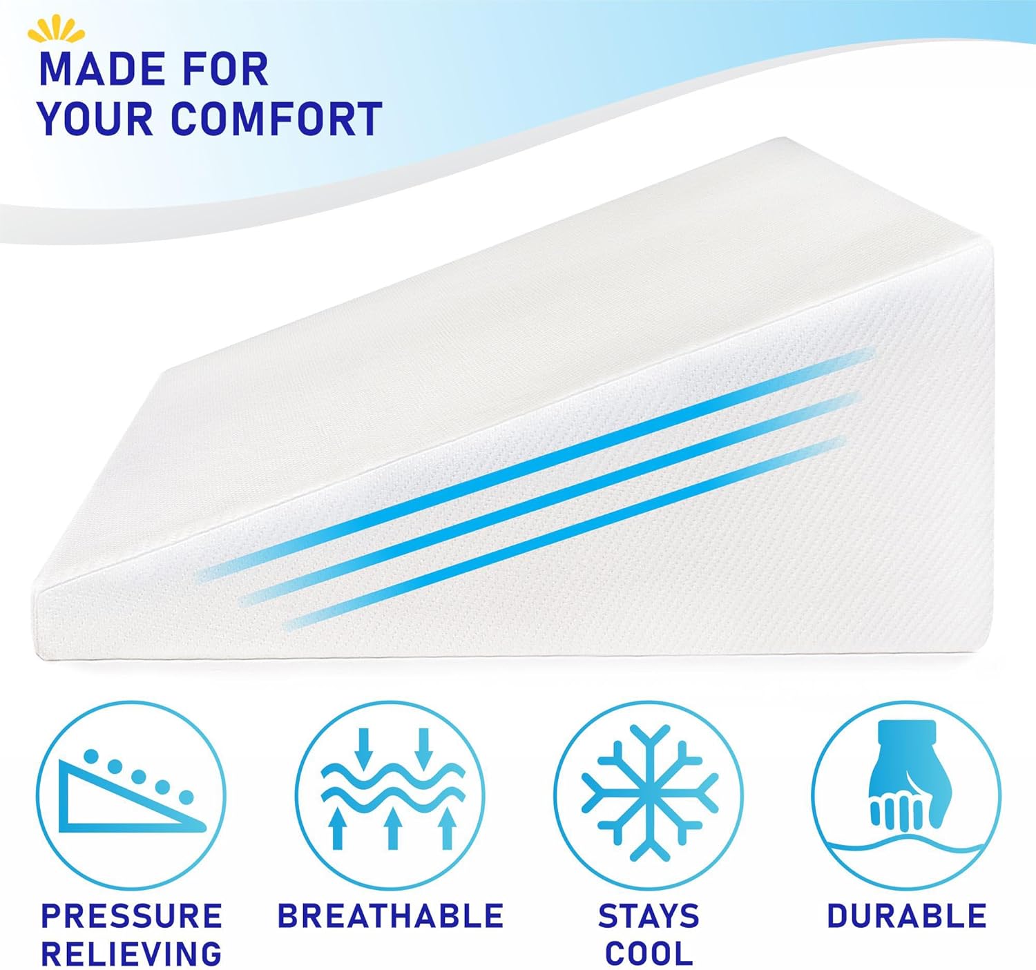 Bed Wedge Pillow Cooling Memory Foam Top – 12" 24" 24" Elevated Support Cushion, Triangle Wedge Pillow for Sleeping, Lower Back Pain, Acid Reflux, Heartburn, Allergies, Snoring – Removable Cover