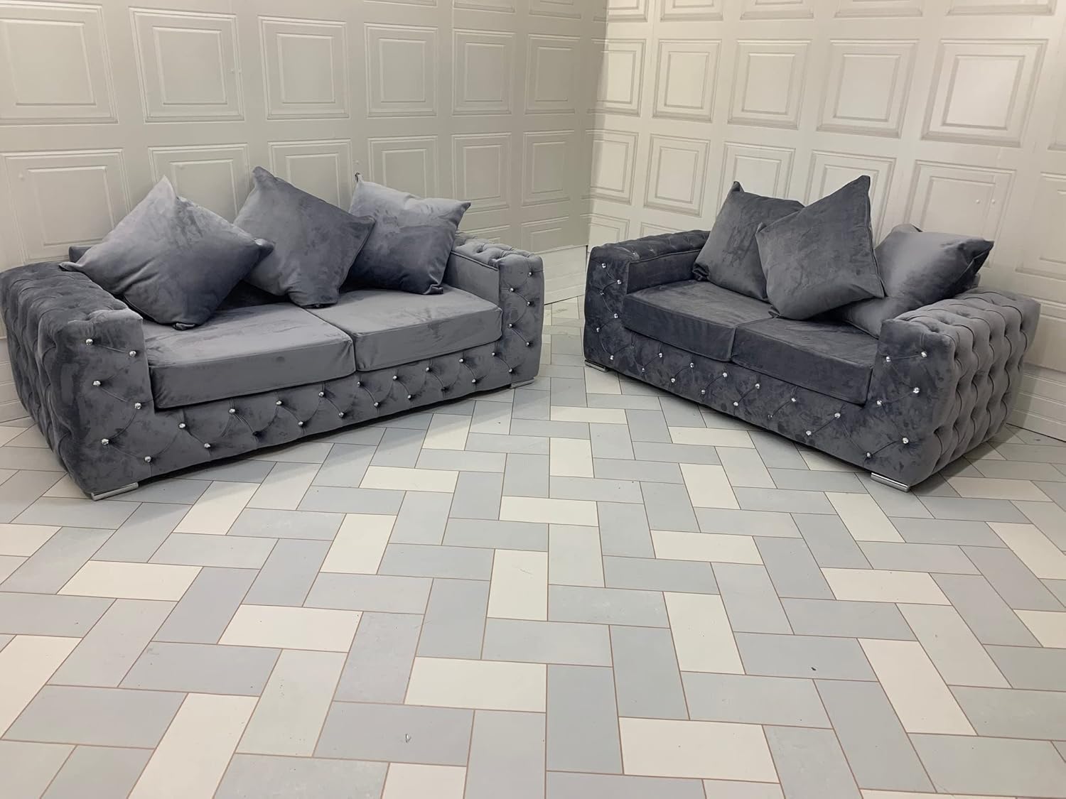 Adam Icon Ashton Chesterfield Sofa Grey Plush Velvet Fabric Luxury Style 3+2 SEATER FOR LIVING ROOM