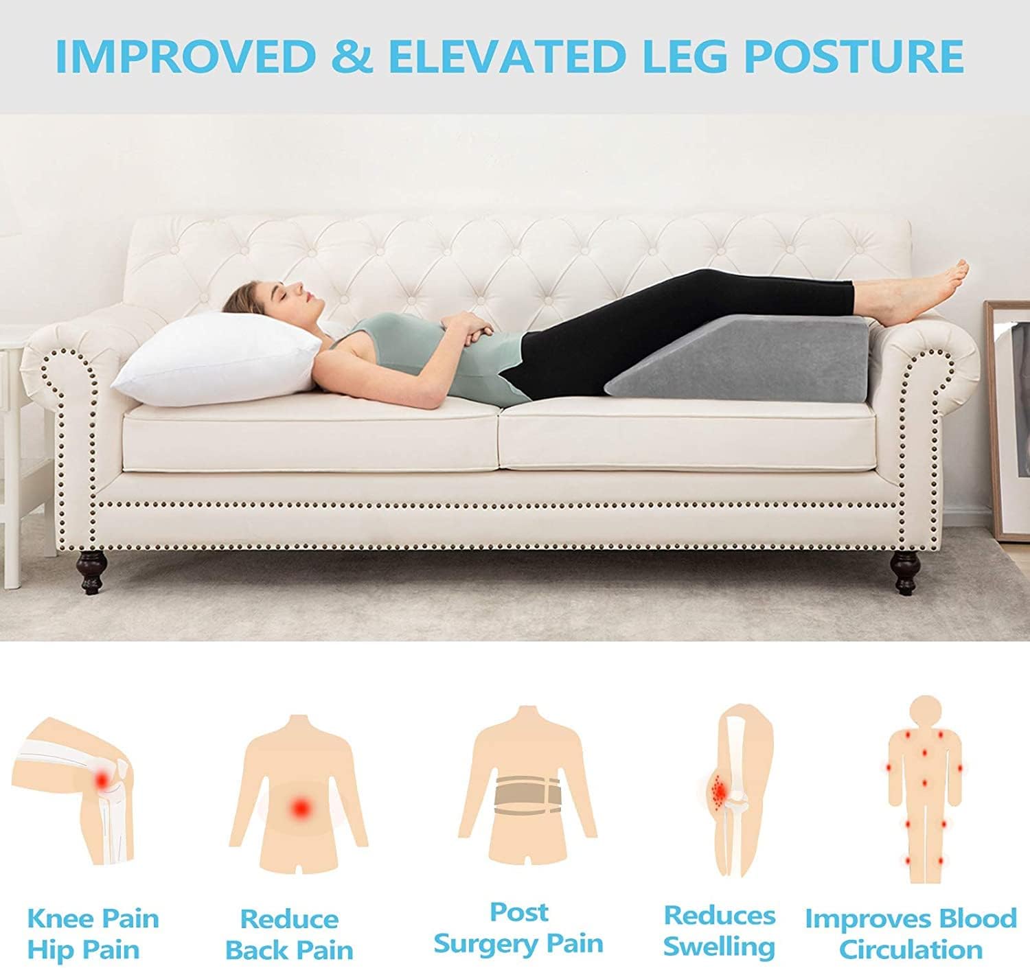 Hermell Zero Gravity Elevating Leg Rest Pillow, Post-Surgery, Leg Pain, Back Injury, Sciatica Pain Relief, Removable Cover - White