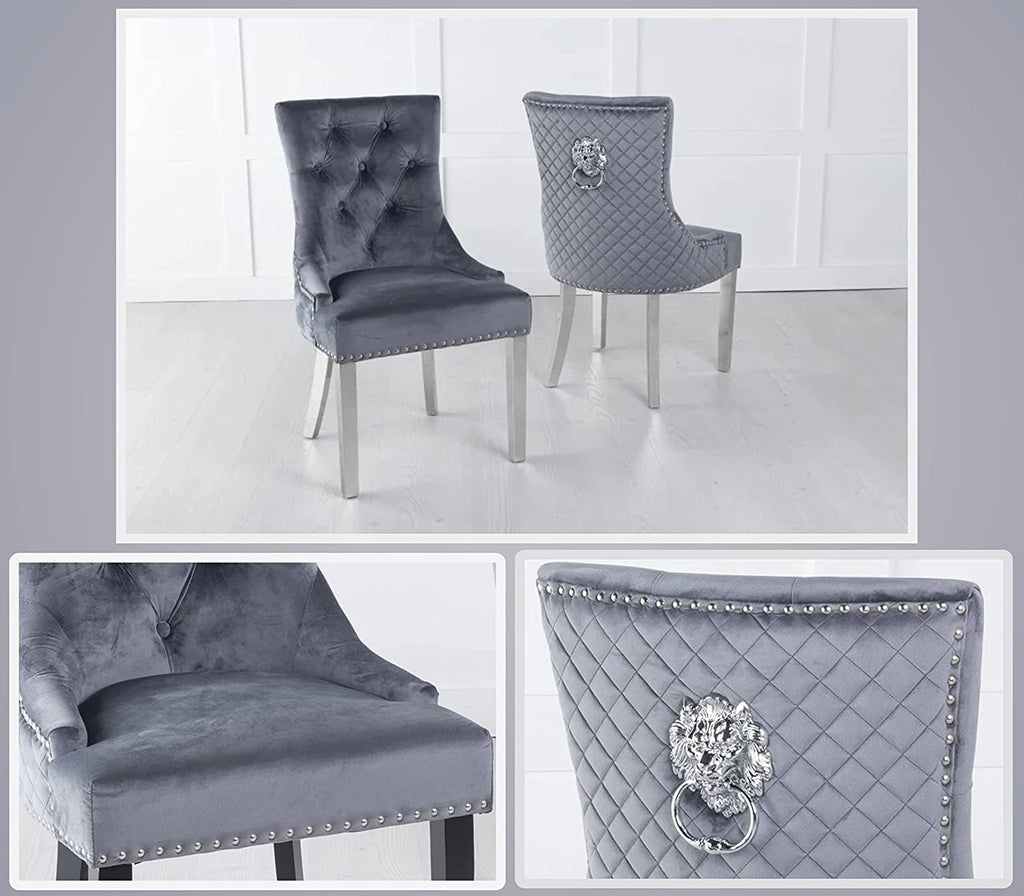 Becky Cameron Dining Chairs Set Of 2 Majestic Dining Chair Luxury Plush Velvet Lion Head Knocker Leisure Chairs (Grey)
