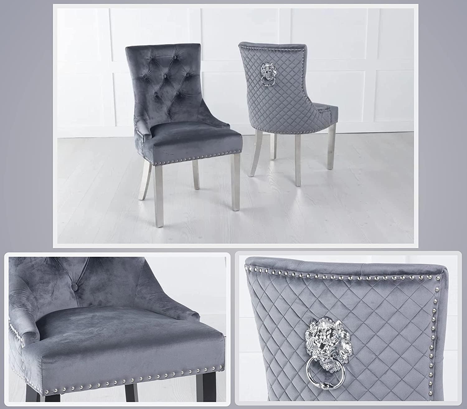 Becky Cameron Dining Chairs Set Of 2 Majestic Dining Chair Luxury Plush Velvet Lion Head Knocker Leisure Chairs (Grey)