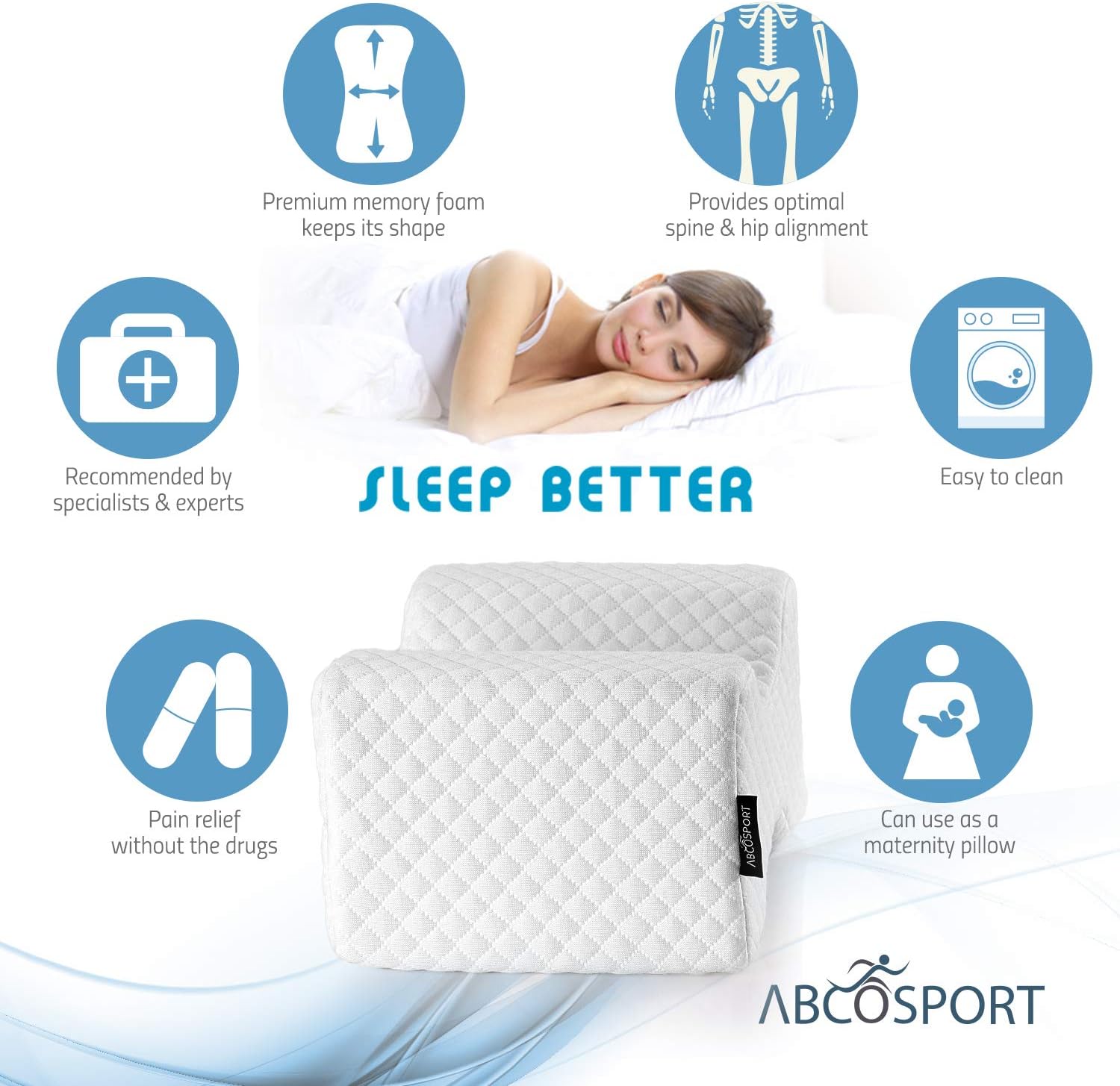 Knee Pillow - for Hip, Back, Leg, Knee Pain Relief - Ideal for Side Sleepers, Pregnancy & Right Spine Alignment - Premium Comfortable Memory Foam Wedge Contour with Washable Cover {New and Improved}
