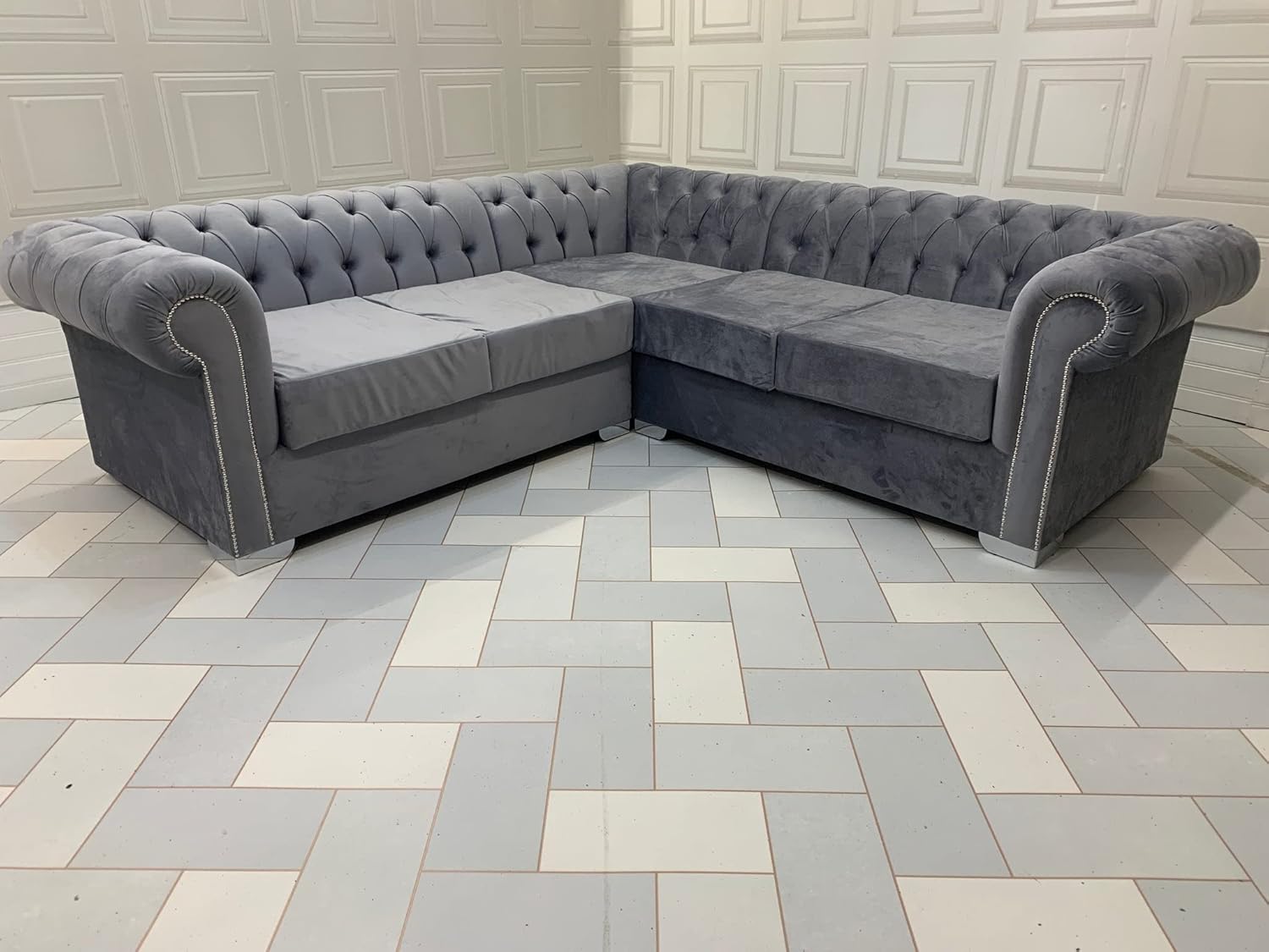 Adam Icon Chesterfield style Grey corner sofa fabric Set 3+2 Seater For Living Room with Solid Wooden