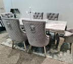 Becky Cameron furniture 1.8m Grey Marble Mirrored Dining Table and 6 Lion Head Chairs Set