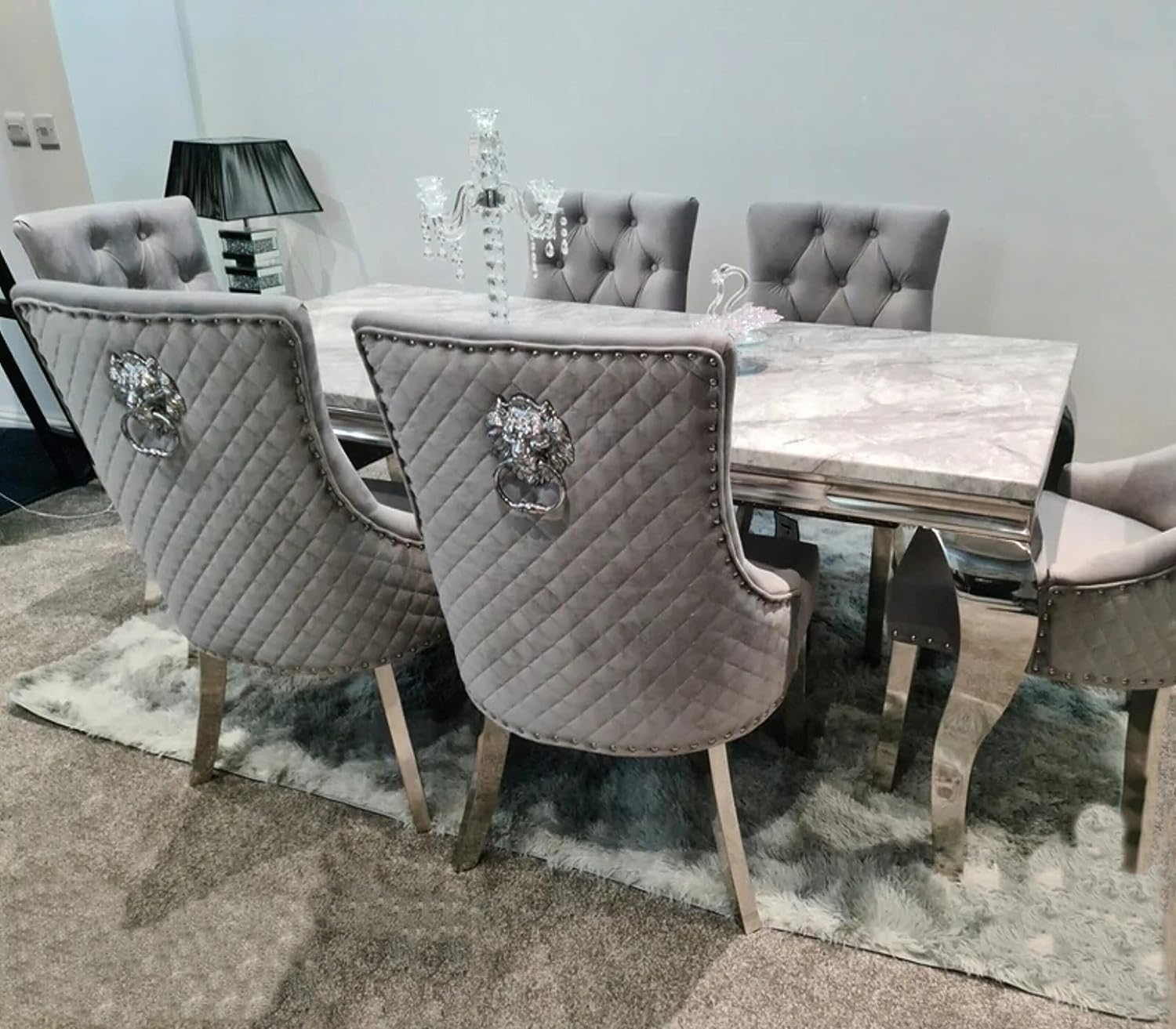 Becky Cameron furniture 1.8m Grey Marble Mirrored Dining Table and 6 Lion Head Chairs Set