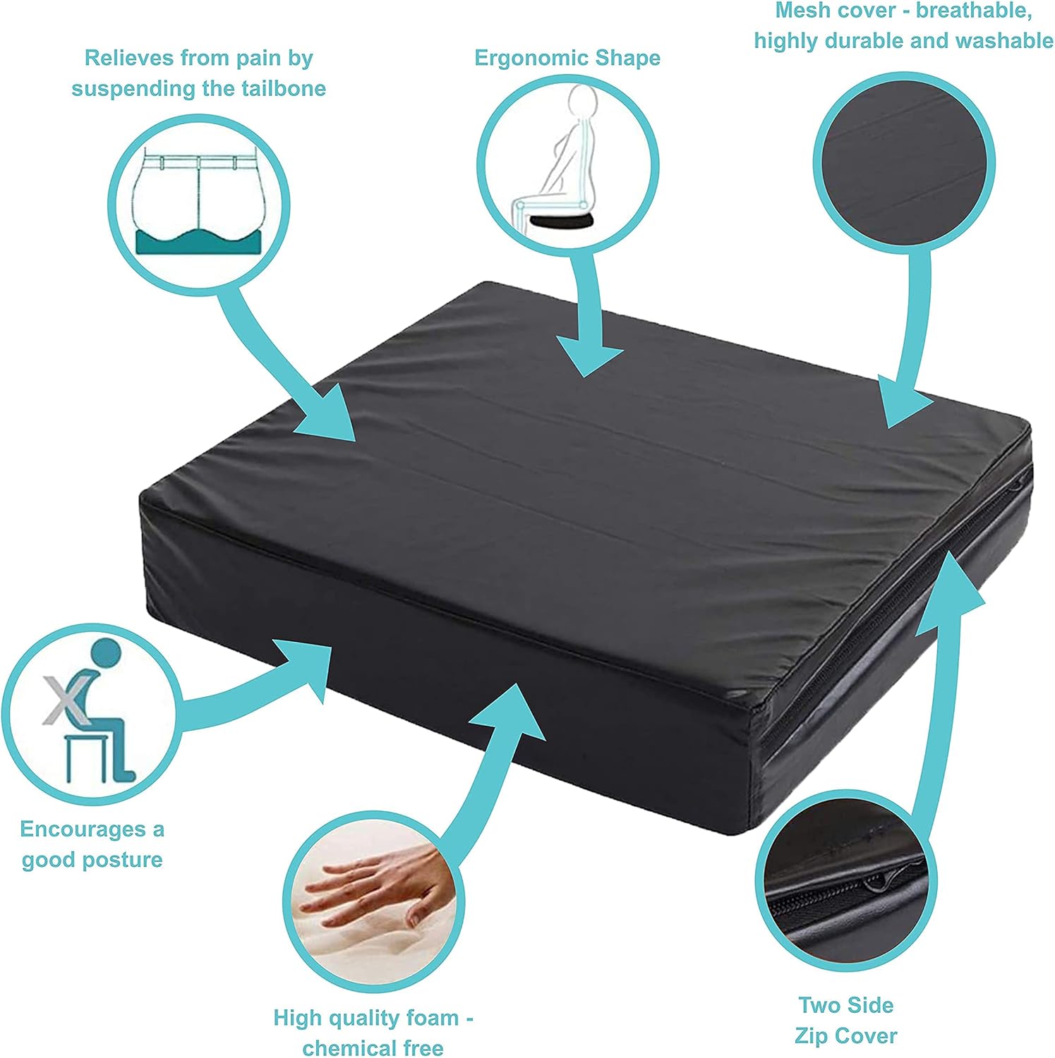 Bedding Studio Chair Cushion - Memory Foam Seat for Spine Health, Orthopedic Lumbar Support, Sciatica & Tailbone Pain Relief - Reduce Back Ache Improve Posture, Waterproof PU Cover (18" x 16" x 4")
