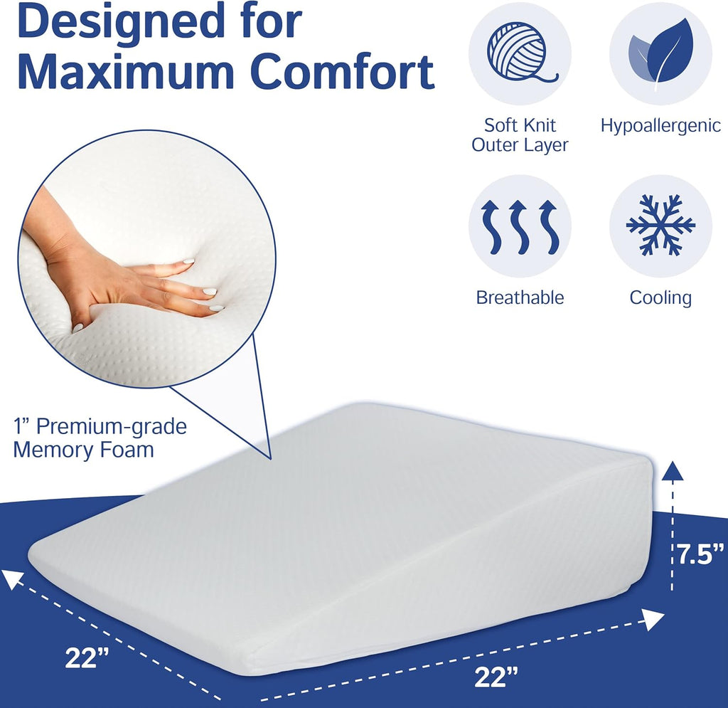 Bed Wedge Pillow with Memory Foam Top - Ideal for Comfortable & Restful Sleeping - Alleviates Neck/Back Pain, Acid Reflux, Snoring, Heartburn, Allergies & More - Versatile - Washable Cover, 7.5"