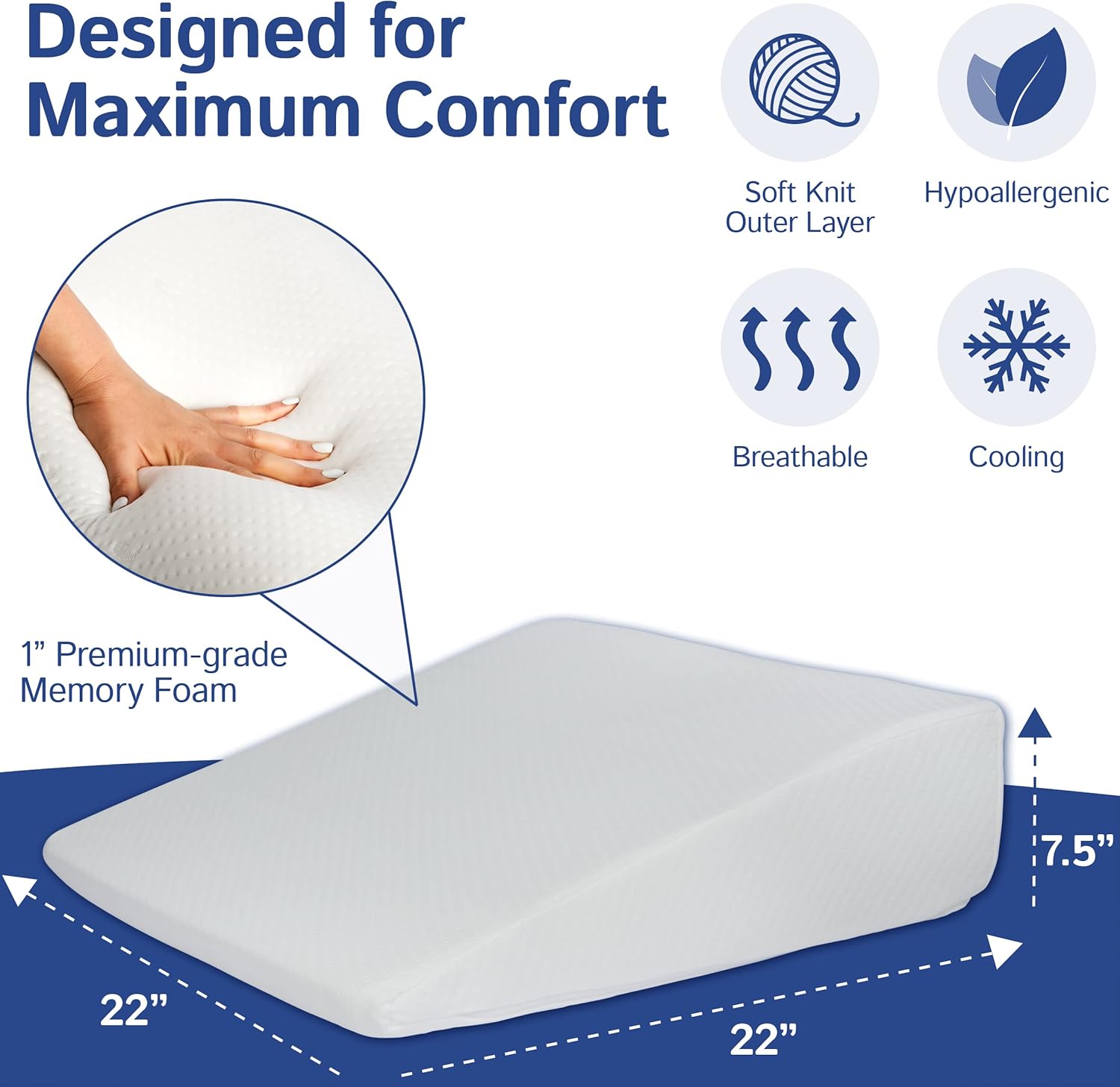 Bed Wedge Pillow with Memory Foam Top - Ideal for Comfortable & Restful Sleeping - Alleviates Neck/Back Pain, Acid Reflux, Snoring, Heartburn, Allergies & More - Versatile - Washable Cover, 7.5"