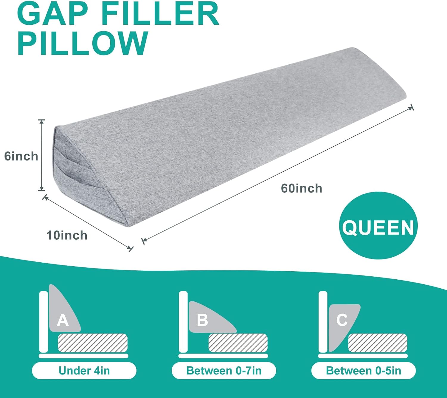 Talcusble Bed Wedge Pillow Plus Queen Size(60"x10"x6") Bed Gap Filler for Headboard to Fill The Gap(0-8") Between Headboard and Mattress, Mattress Wedge, Triangle Bolster Pillow