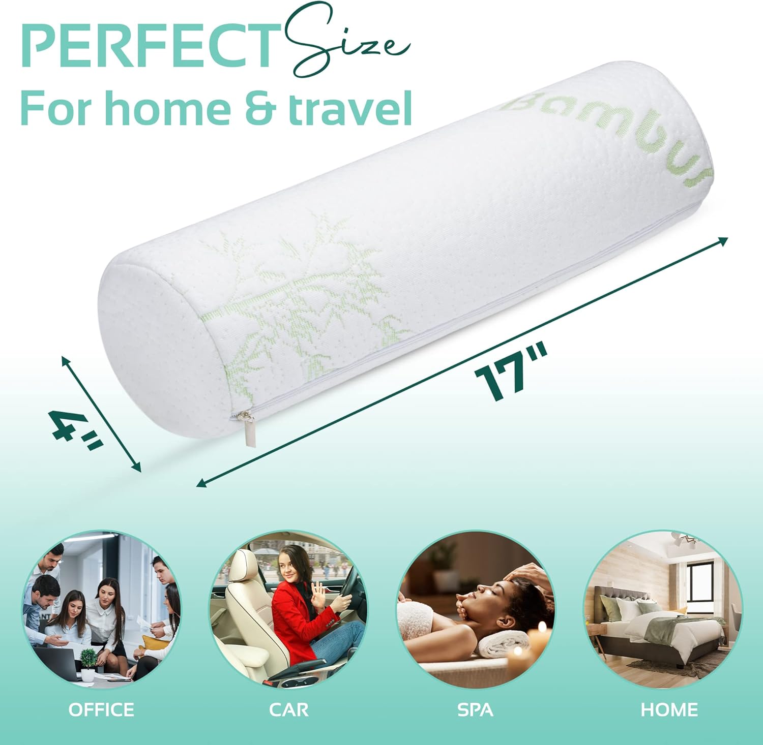 AllSett Health 2 Pack Bamboo Cervical Neck Roll Memory Foam Pillow, Round Neck, Support for Sleeping | Bolster Pillow for Bed, Legs, Back And Yoga | 4 Inch Diameter x 17 Inches long