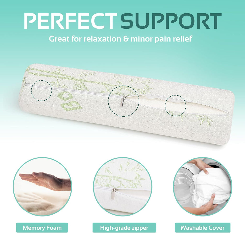 AllSett Health 2 Pack Bamboo Cervical Neck Roll Memory Foam Pillow, Round Neck, Support for Sleeping | Bolster Pillow for Bed, Legs, Back And Yoga | 4 Inch Diameter x 17 Inches long