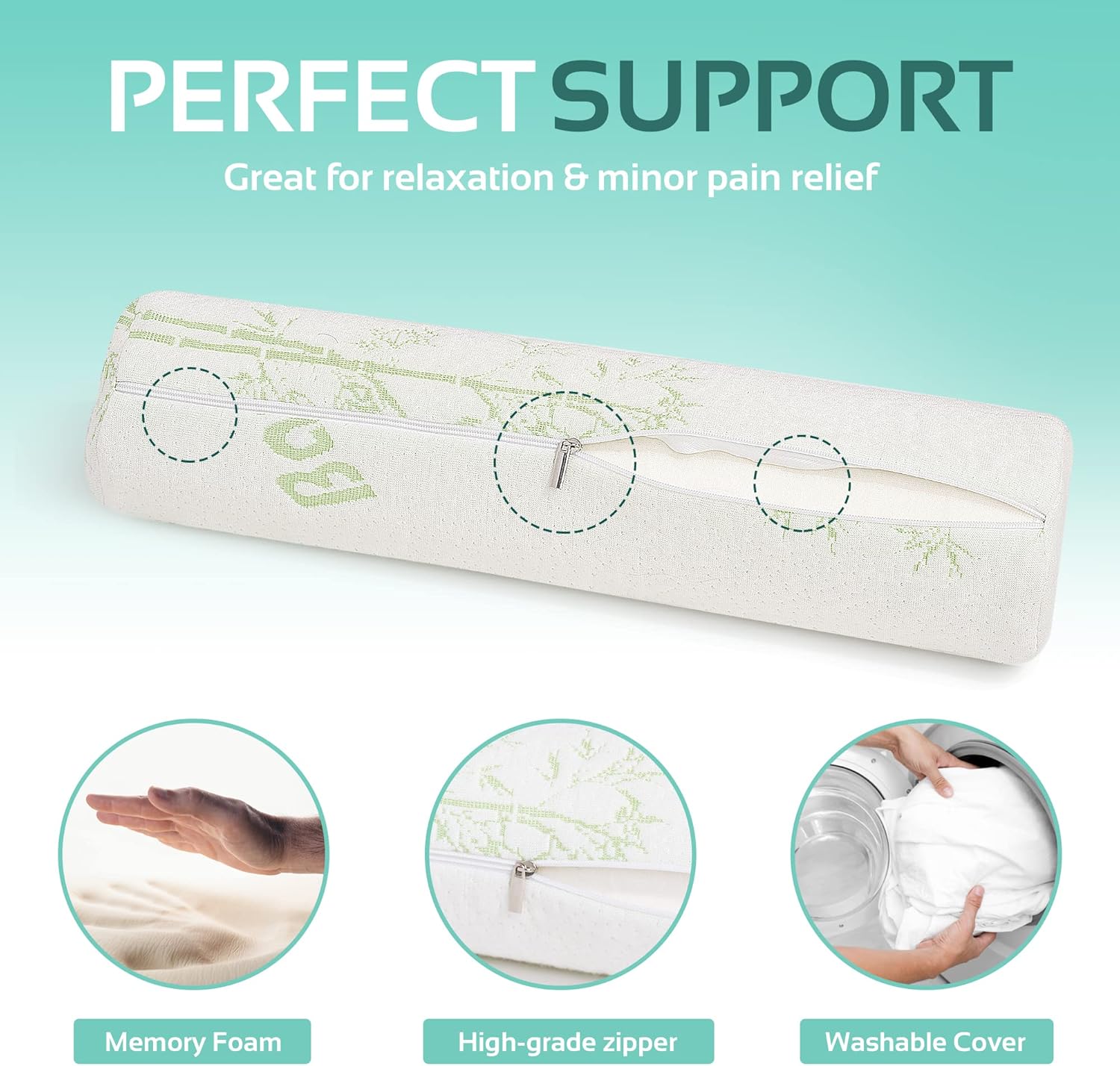 AllSett Health 2 Pack Bamboo Cervical Neck Roll Memory Foam Pillow, Round Neck, Support for Sleeping | Bolster Pillow for Bed, Legs, Back And Yoga | 4 Inch Diameter x 17 Inches long