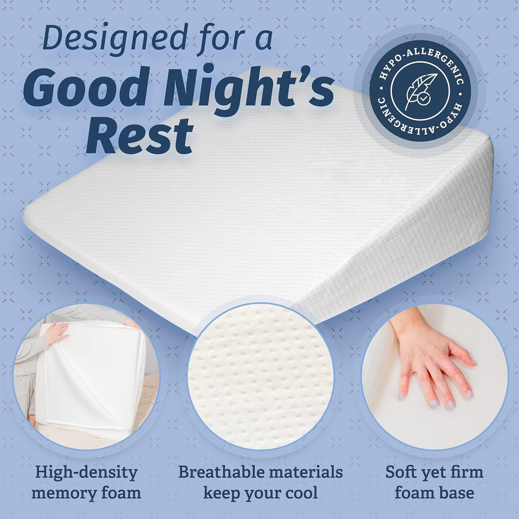 Abco Tech Bed Pillow Wedge for Sleeping - Memory Foam Top - Reduce Neck & Back Pain, Snoring, Acid Reflux, Respiratory Problems - Ideal for Sleeping, Reading, Rest, Elevation - Washable Cover - 7in