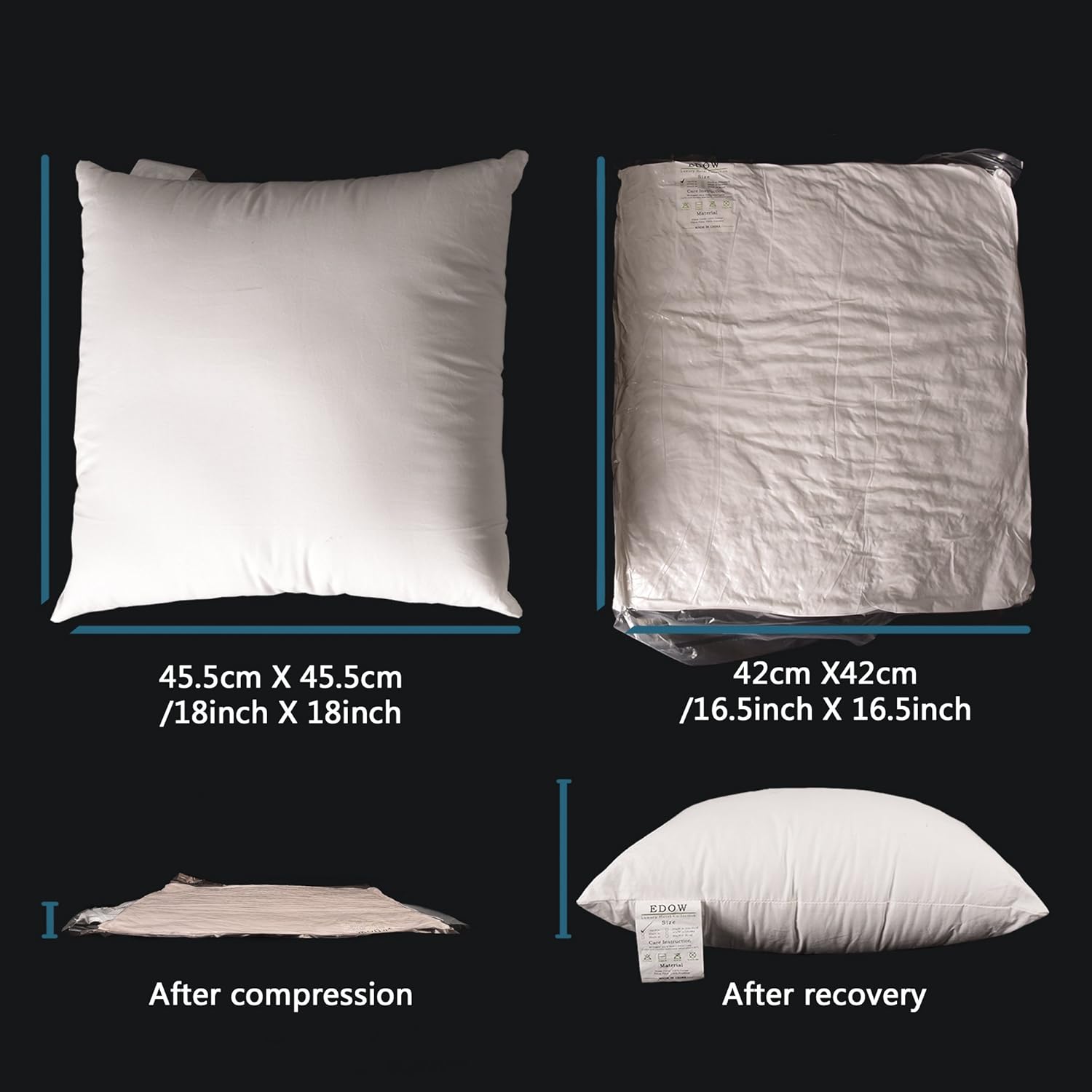 EDOW Luxury Throw Pillow Insert, Soft Fluffy Down Alternative Polyester Square Form Decorative Pillow Insert,Sham Stuffer,Cotton Cover for Sofa, Couch,Bed and Car. (White, 18x18)