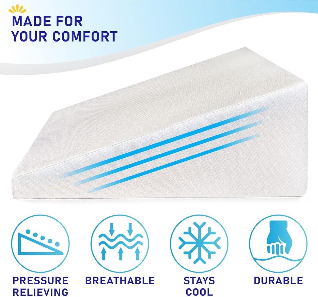 Bed Wedge Pillow Cooling Memory Foam Top – 10" 24" 24" Elevated Support Cushion, Triangle Wedge Pillow for Sleeping, Lower Back Pain, Acid Reflux, Heartburn, Allergies, Snoring – Removable Cover