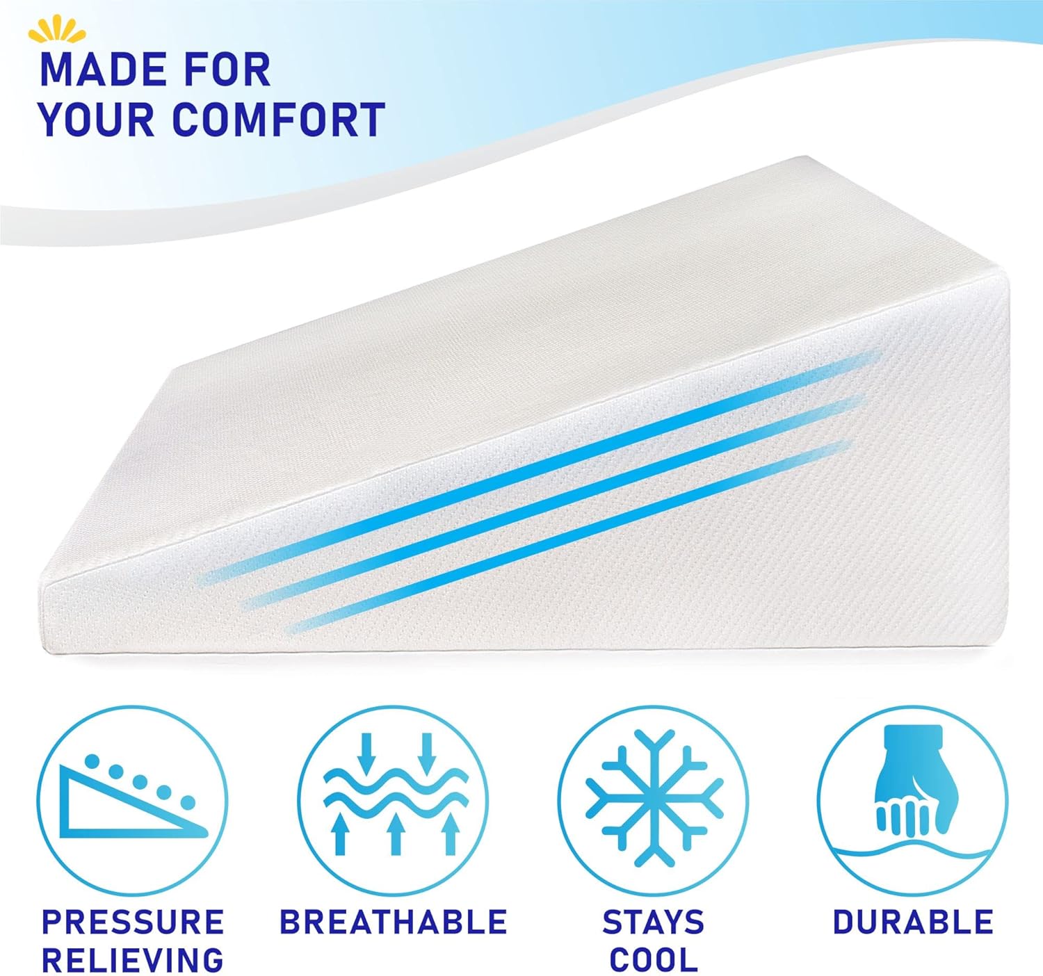 Bed Wedge Pillow Cooling Memory Foam Top – 10" 24" 24" Elevated Support Cushion, Triangle Wedge Pillow for Sleeping, Lower Back Pain, Acid Reflux, Heartburn, Allergies, Snoring – Removable Cover