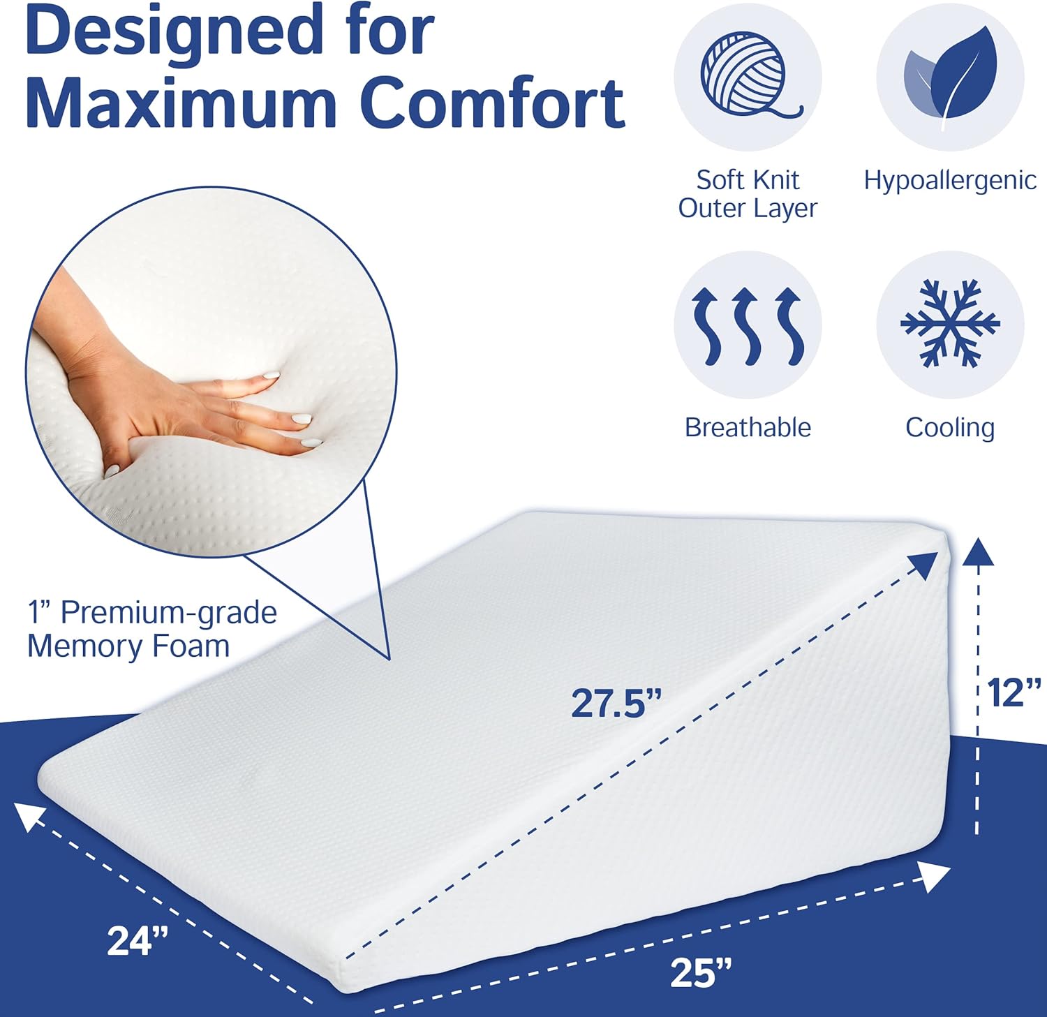 Ebung Bed Wedge Pillow with Memory Foam Top 12in – Wedge Pillow for Snoring, Neck Pillow for Pain Relief, Shoulder Pain, Back Pillow for Sitting in Bed, Heartburn Relief – Removable, Washable Cover