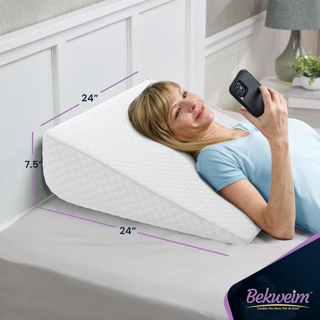 Bed Wedge Pillow | Unique Curved Design for Multi Position Use | Memory Foam Wedge Pillow for Sleeping | Works for Back Support, Leg, Knee | Includes Cover Plus Extra Sheet (White)
